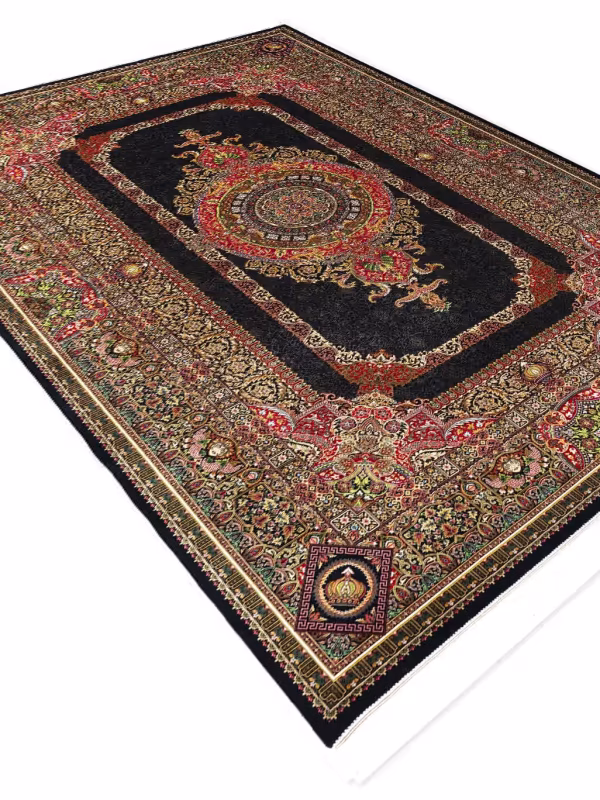 فرش ابریشم طرح تاج سرمه ای 1700 شانه تراکم 5100 کد Q119