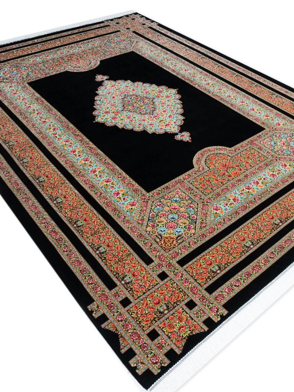 فرش ماشینی طرح گل سرخ 1700 شانه تراکم 5100 کد Q145 سرمه ای