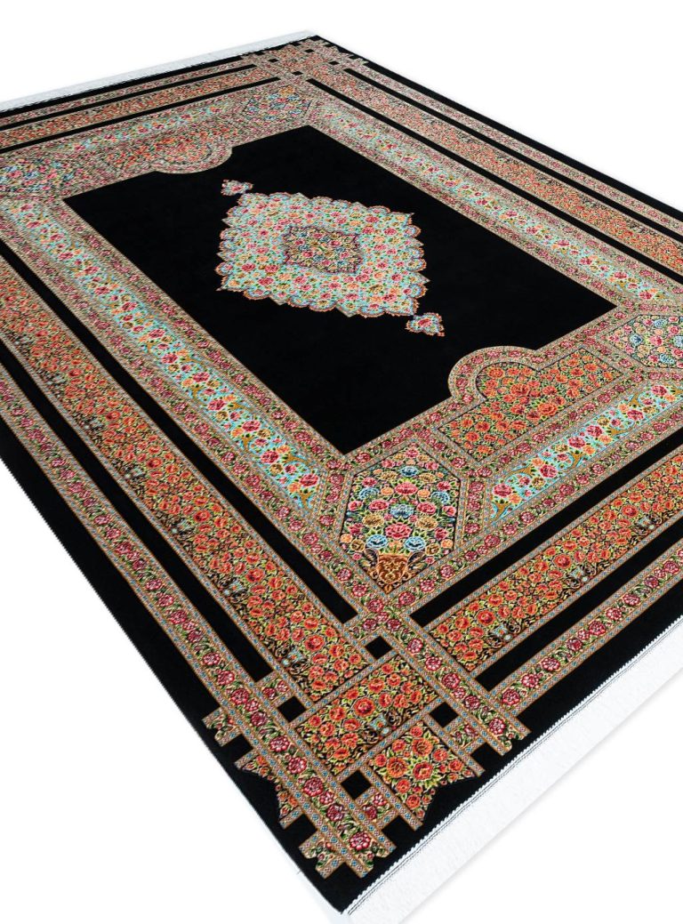 فرش ماشینی طرح گل سرخ 1700 شانه تراکم 5100 کد Q145 سرمه ای