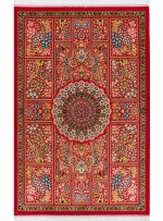 فرش ابریشم خشتی طرح افرا 1700 شانه تراکم 5100  رنگ لاکی