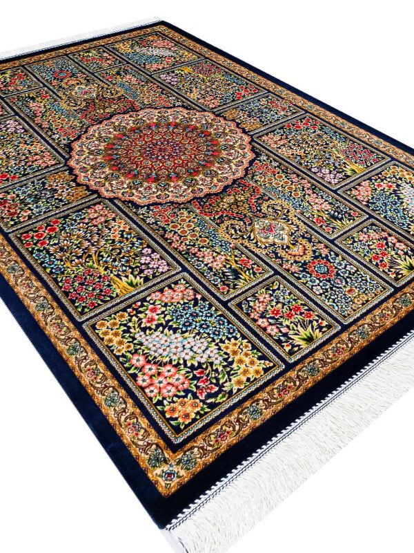 فرش ابریشم خشتی طرح افرا 1700 شانه تراکم 5100  رنگ آبی کاربنی