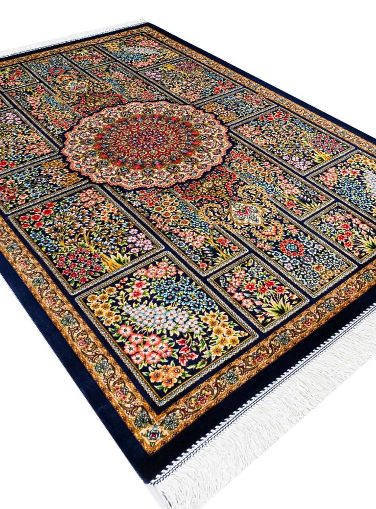 فرش ابریشم خشتی طرح افرا 1700 شانه تراکم 5100  رنگ آبی کاربنی