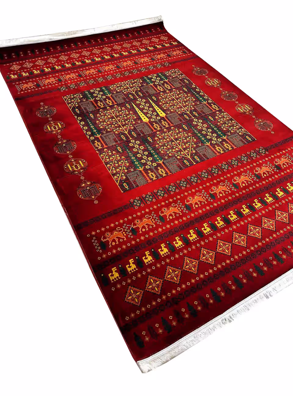 فرش طرح درختی گبه بلوچی رنگ لاکی 700 شانه کد 40042 - فرشخونه