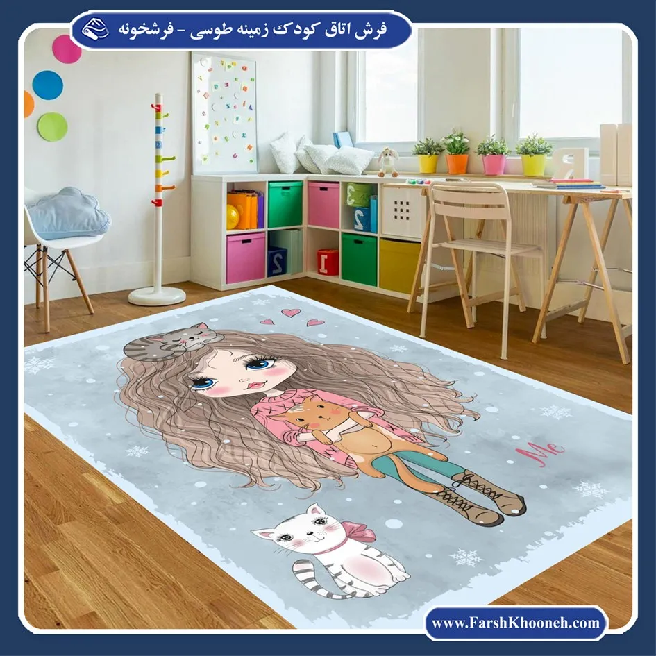 فرش دخترانه دختر و گربه زمینه طوسی