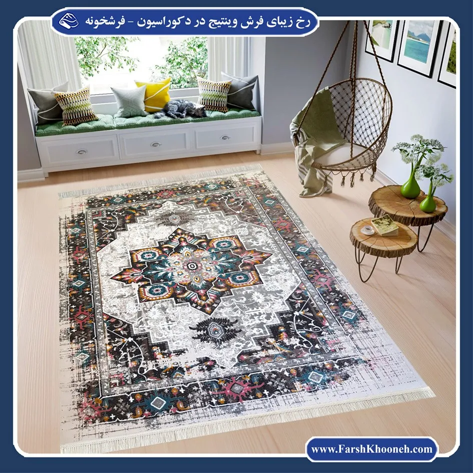 خرید فرش ماشینی وینتیج کاشان طرح سنتی زمینه کرم