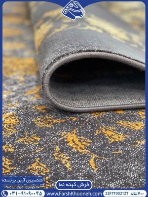 فرش وینتیج افشان گل درشت زغالی طلایی با رنگ بندی جدید