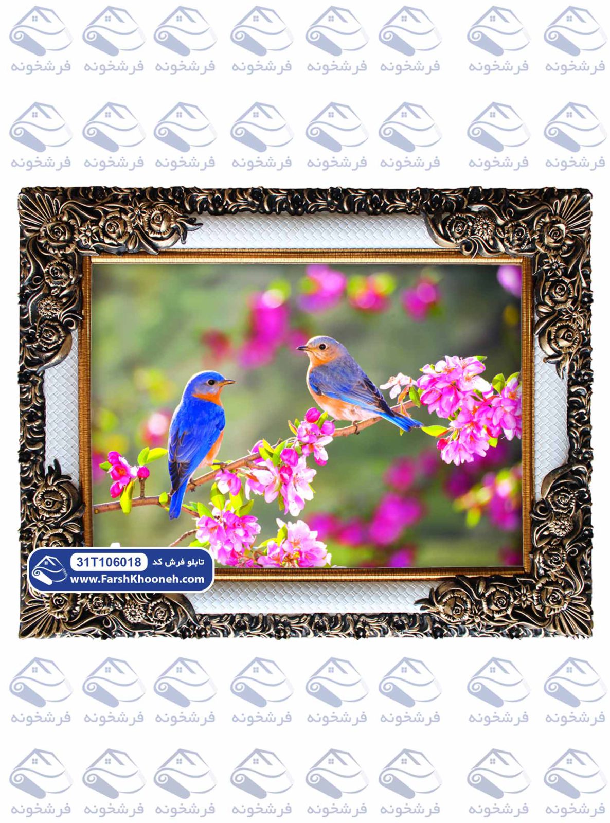 تابلو فرش پرنده آبی روی گل های صورتی کد: 106018