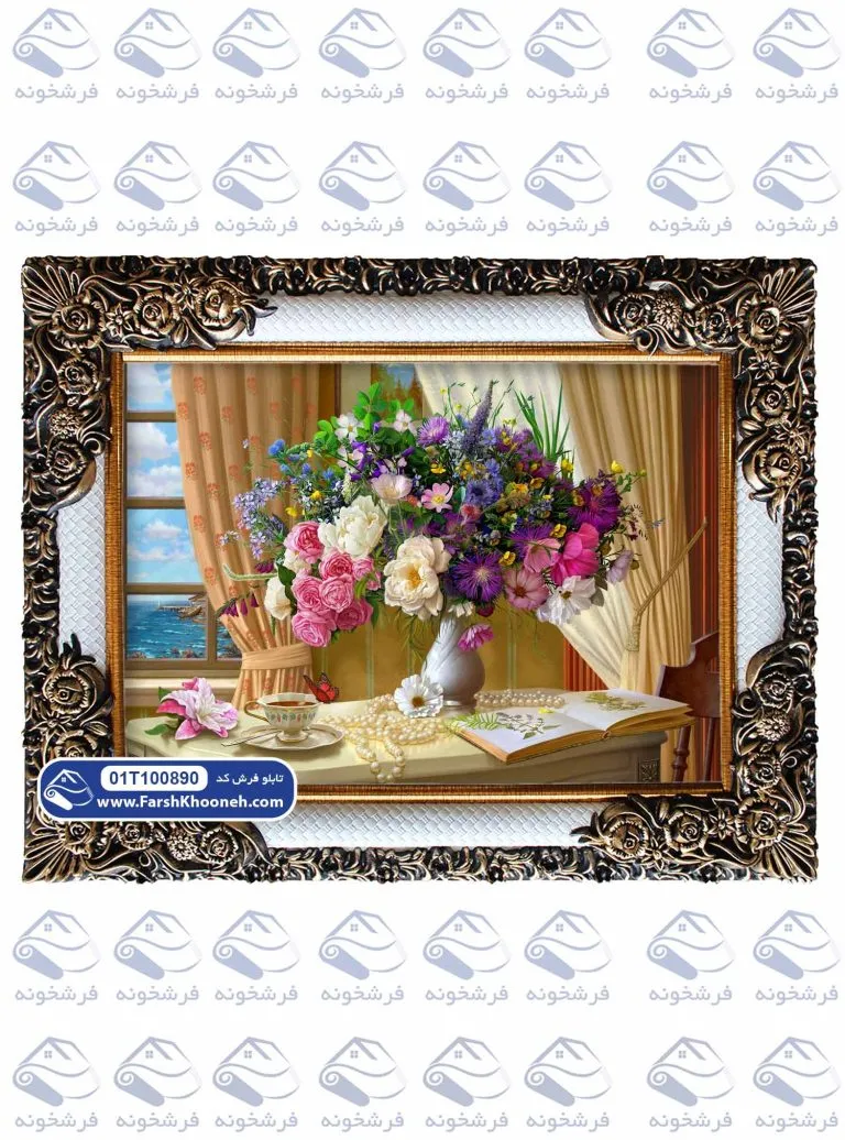 تابلو فرش گل و گلدان کوچک کد 0890