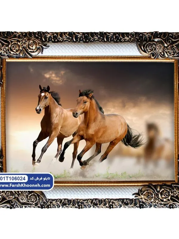 تابلو فرش طرح دو اسب قهوه ای