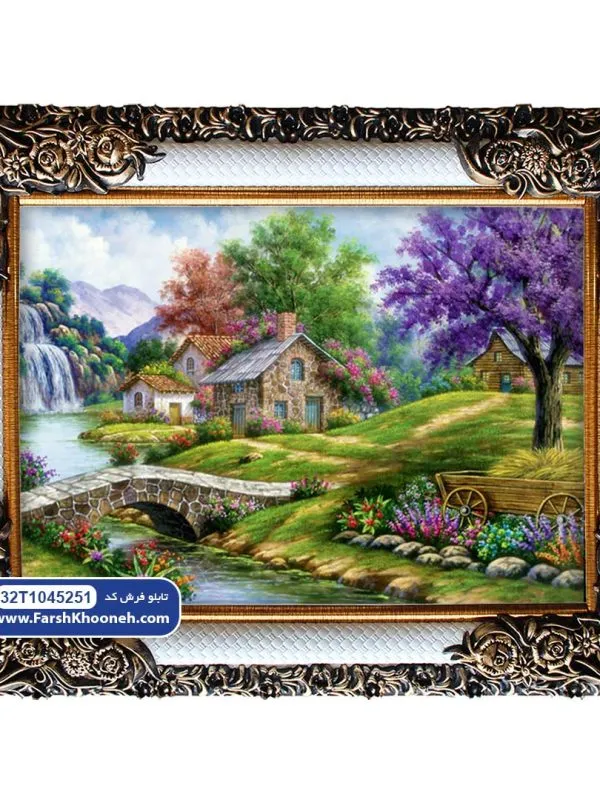 تابلو فرش کلبه کنار پل سنگی و آبشار کد 32T1045251