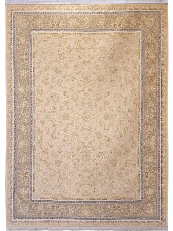 فرش طلاکوب افشان طرح سوگند گل برجسته 1200 شانه کد 731712 رنگ کرم چرک
