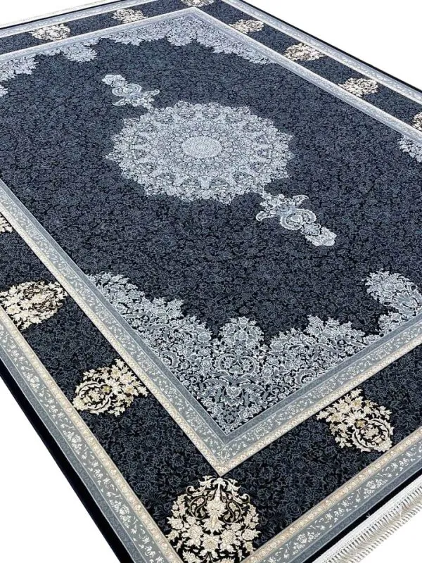 فرش طلاکوب طرح پالیز گل برجسته 1200 شانه سرمه ای کد 1732