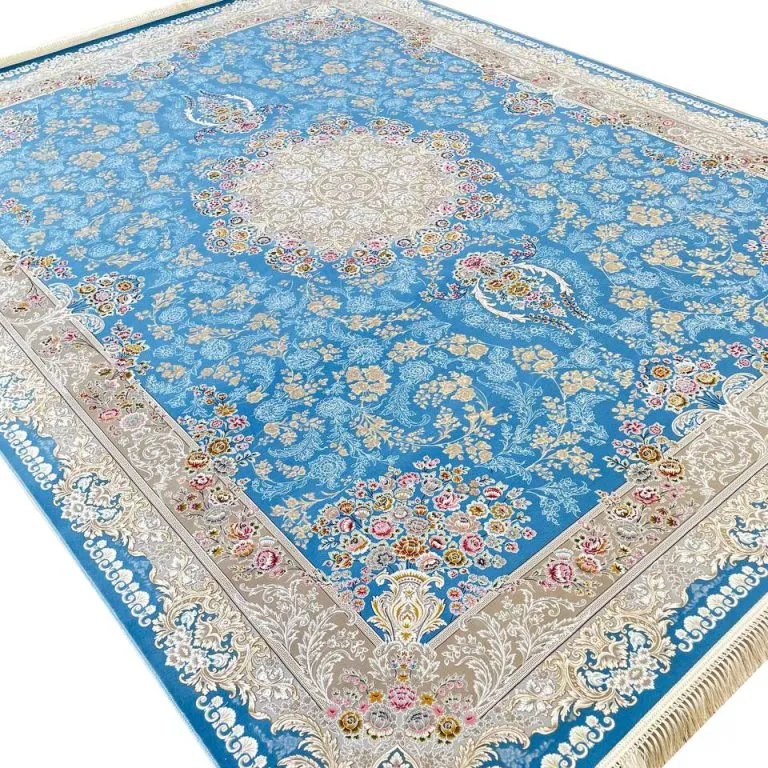 فرش طلاکوب طرح آرمان 1500 شانه گل برجسته کد 3501515 رنگ فیروزه ای