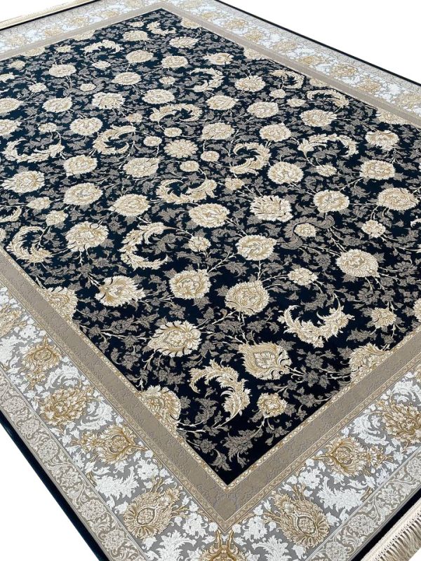 فرش طلاکوب افشان طرح گلبان 1500 شانه گل برجسته کد 3501516 رنگ سرمه ای