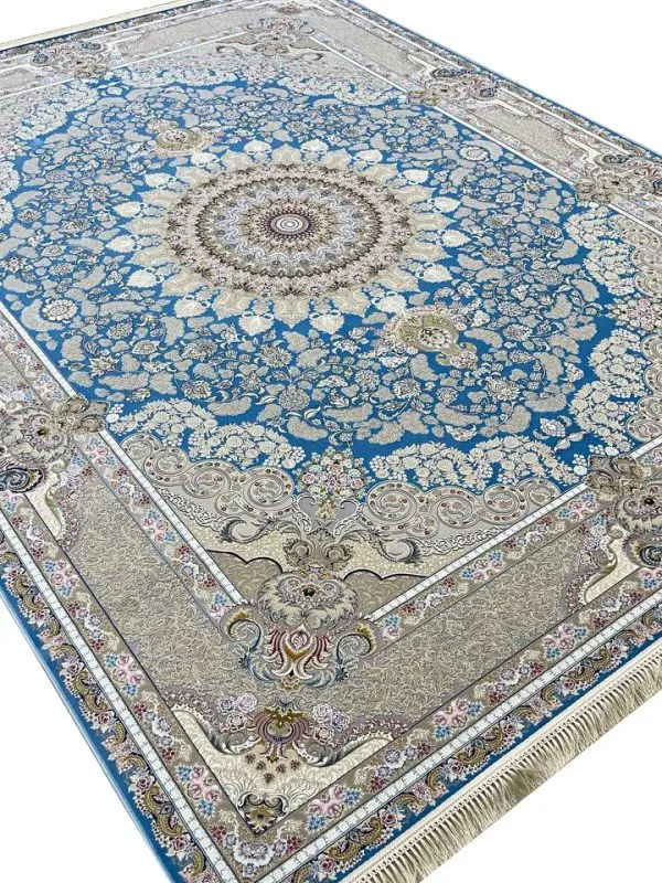 فرش طلاکوب طرح آلما 1500 شانه گل برجسته تراکم 4500 کد 3501517 رنگ فیروزه ای