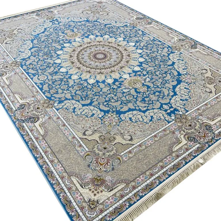 فرش طلاکوب طرح آلما 1500 شانه گل برجسته تراکم 4500 کد 3501517 رنگ فیروزه ای