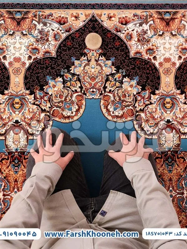 خرید فرش سجاده طرح ارکیده 700 شانه زمینه آبی کد 18S701043 - فرشخونه
