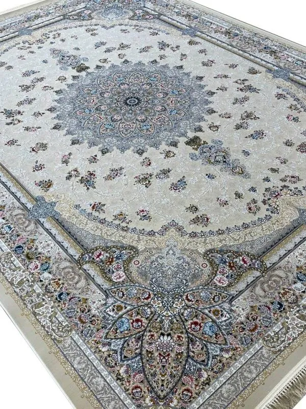 فرش طرح طاووس 1500 شانه گل برجسته تراکم 4500 کد 16F3201519 - رنگ کرم - فرشخونه