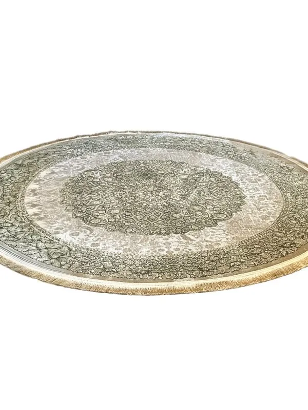 فرش دایره ای وینتیج طرح آذینگل نسکافه ای با گل سبز 700 شانه کد 771050 - فرشخونه