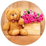 فرش گرد کودک دخترانه طرح تدی با گل رز صورتی کد 100238 - فرشخونه