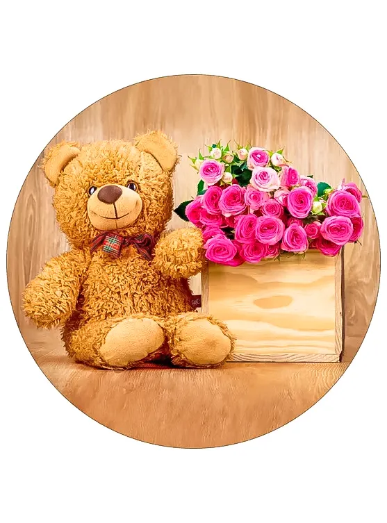 فرش گرد کودک دخترانه طرح تدی با گل رز صورتی کد 100238 - فرشخونه