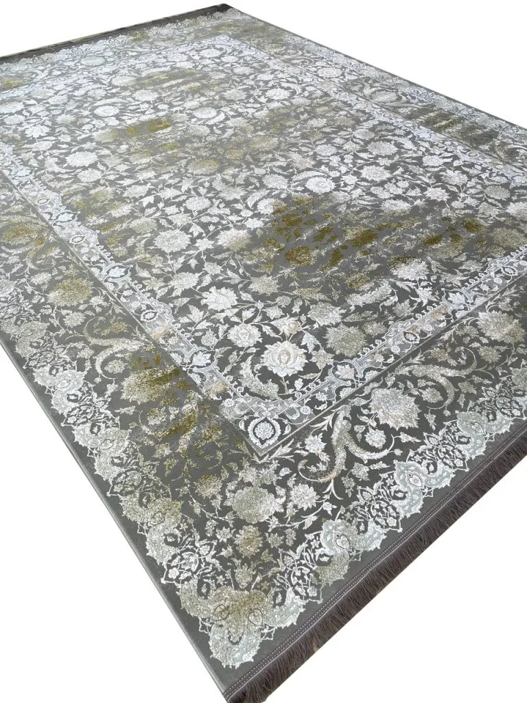 فرش افشان وینتیج طرح مارال 1200 شانه گل برجسته رنگ نقره ای گل سفید کد 2101835