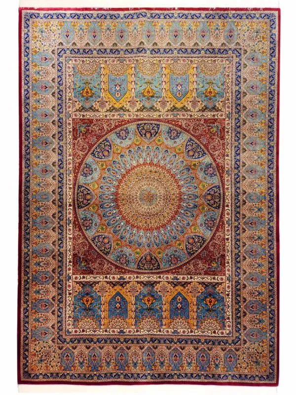فرش پشم و ابریشم طرح ترنجی رنگ لاکی 1200 شانه 10 رنگ کد 64FA2203214 - فرشخونه