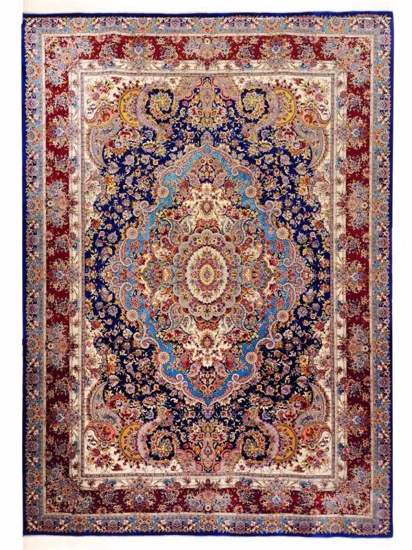 فرش پشم و ابریشم تبریز طرح ترنج سالاری رنگ سرمه ای 1200 شانه کد 3216 - فرشخونه
