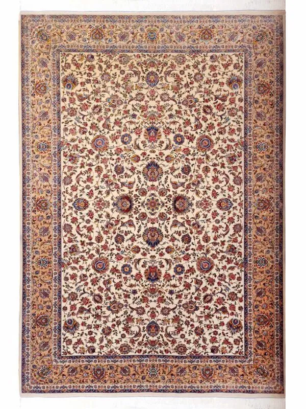 فرش ابریشم ماشینی افشان ساروق رنگ کرم 1200 شانه 4500 10 رنگ کد 3226 - فرشخونه