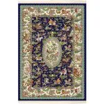 فرش ابریشم شکارگاه قم طرح ترنج دار رنگ سرمه ای 1200 شانه کد 64FA2203249 - فرشخونه