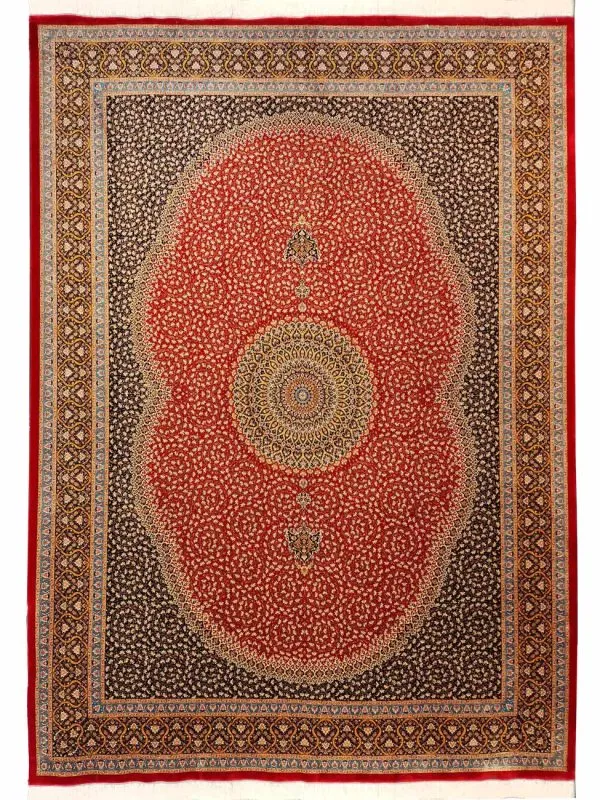 فرش ابریشم شاه عباسی ترنج دار رنگ قرمز لاکی 1500 شانه کد 64FA3105513 - فرشخونه