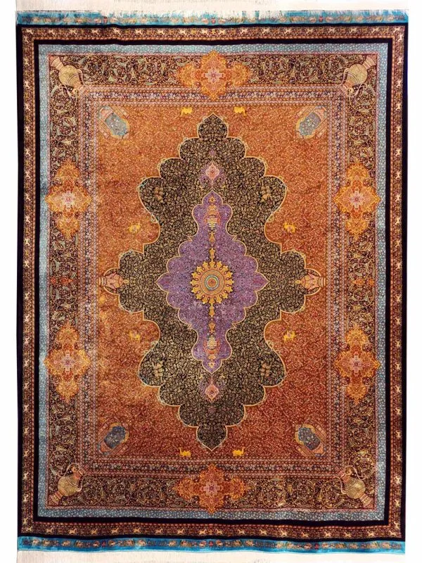 فرش ابریشم قم طرح ترنج حاشیه اسب رنگ مشکی 1500 شانه کد 64FA3105533 - فرشخونه