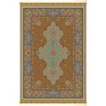 فرش ابریشم قم طرح ترنج حاشیه اسب رنگ کرم 1500 شانه کد 64FA3105533 - فرشخونه