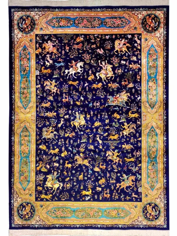 فرش ابریشم شکارگاه قم حاشیه کتیبه رنگ آبی کاربنی 1500 شانه کد 64FA3105544 - فرشخونه