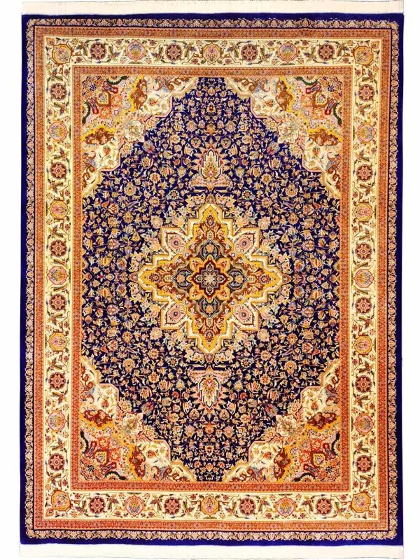 فرش ابریشم قم طرح آذرگون رنگ آبی کاربنی با حاشیه کرم 1500 شانه 12 رنگ کد 64FA3105545 - فرشخونه