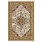 فرش ابریشم قم طرح آذرگون رنگ کرم 1500 شانه 12 رنگ کد 64FA3105545 - فرشخونه