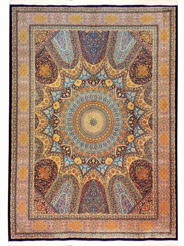 فرش ابریشم طرح گنبد رنگ آبی کاربنی 1500 شانه 12 رنگ کد 64FA3105550 - فرشخونه