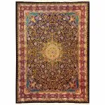 فرش ابریشم قم طرح کی‌ناز رنگ آبی کاربنی 1500 شانه 12 رنگ کد 64FA3105570