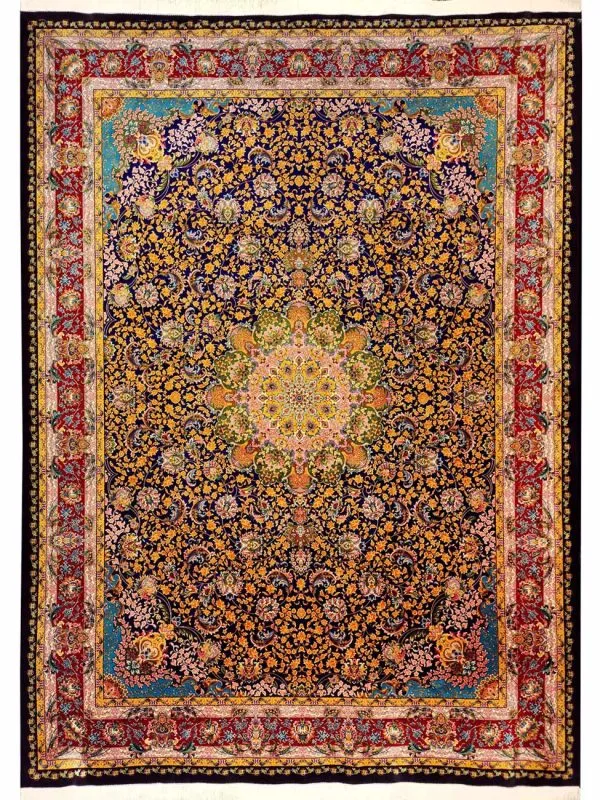 فرش ابریشم قم طرح کی‌ناز رنگ آبی کاربنی 1500 شانه 12 رنگ کد 64FA3105570