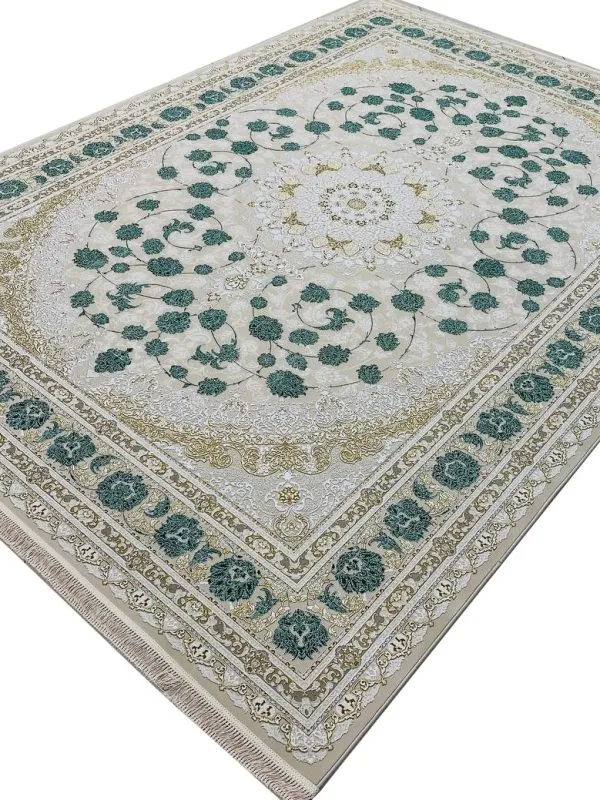 فرش طرح سلنا صدفی 1200 شانه با گل سبز تراکم 3600 کد 2105304 - فرشخونه