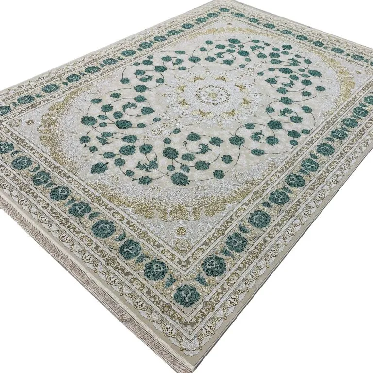 فرش طرح سلنا صدفی 1200 شانه با گل سبز تراکم 3600 کد 2105304 - فرشخونه