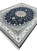 فرش اصفهان طرح گلسان سرمه ای حاشیه کرم 1500 شانه گل برجسته کد 551616