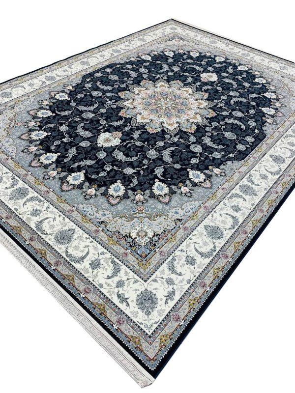 فرش اصفهان طرح گلسان سرمه ای حاشیه کرم 1500 شانه گل برجسته کد 551616