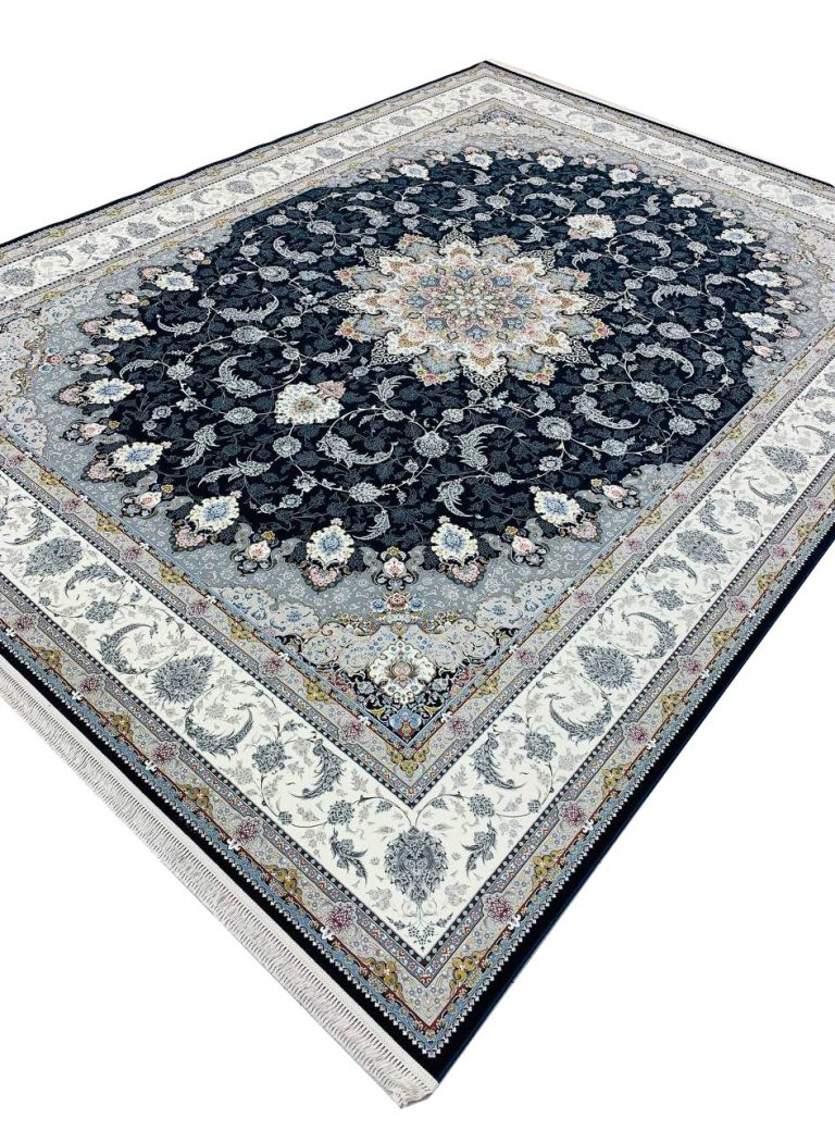 فرش اصفهان طرح گلسان سرمه ای حاشیه کرم 1500 شانه گل برجسته کد 551616
