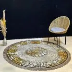 فرش گرد وینتیج طرح افشین دودی گل طلایی 700 شانه کد 770037