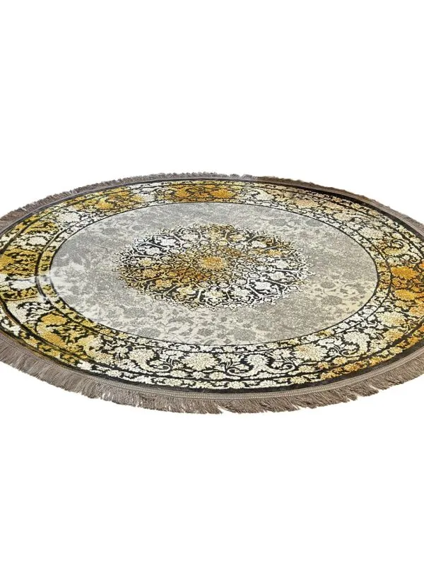 فرش گرد وینتیج طرح افشین دودی گل طلایی 700 شانه کد 770037