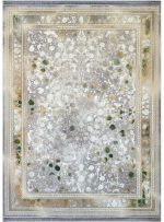 فرش افشان طلاکوب طرح شهرزاد 1200 شانه گل برجسته کد 1214 زمینه صدفی با گل سبز