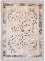 فرش وینتیج طرح پاناروما گل طلایی و سبز رنگ ترمه ای 700 شانه 2550 کد 7101400 - فرشخونه