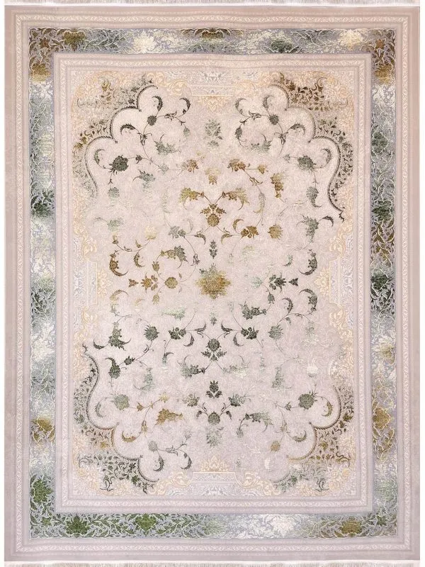 فرش وینتیج طرح پاناروما گل طلایی و سبز رنگ ترمه ای 700 شانه 2550 کد 7101400 - فرشخونه