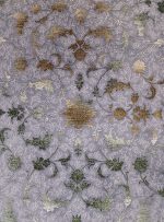 فرش وینتیج طرح پاناروما گل طلایی و سبز رنگ ترمه ای و نقره ای 700 شانه 2550 کد 7101400 - فرشخونه